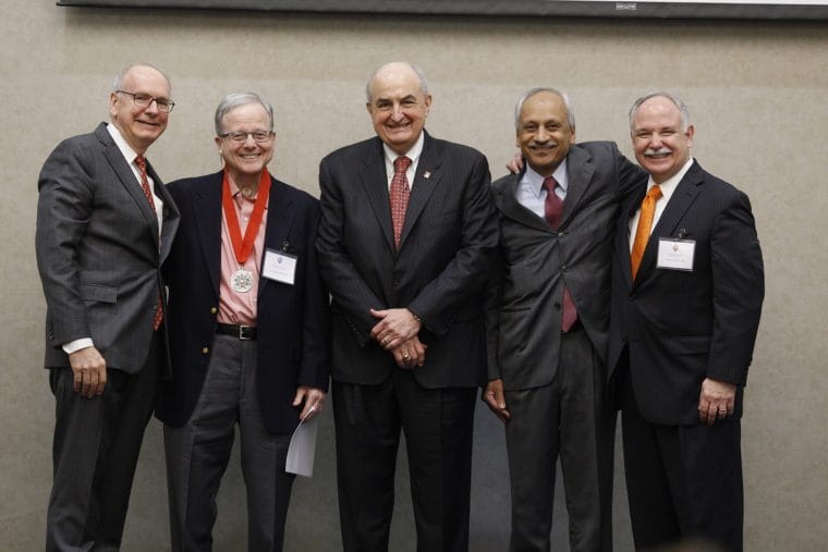 Hal Broxmeyer is pictured with IU School of Medicine Dean Jay Hess, IU President Michael McRobbie, Anantha Shekhar, executive associate dean for research affairs, and IU Simon Cancer Center Director Patrick Loehrer.
